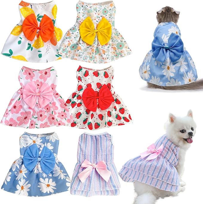 6 Pieces Dog Dresses for Small Dogs Girls, Cute Princess Puppy Kitten Dog Dresses with Flowers and Bowknot for Pet Cats, Small Dogs' Outfits Female Pet Skirts Clothes for Chihuahua Yorkies