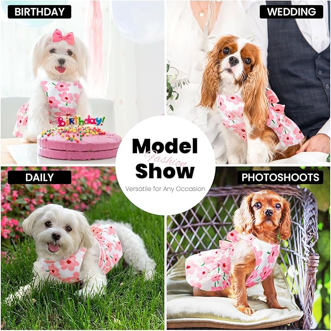 Cute Dog Dress Small Dog Clothes for Girls Female Puppy Outfits Pink Floral Pet Summer Clothes Bowknot Doggy Cat Princess Dress Harness Set for Holiday Birthday Party Costume Clothing (Pink,L)