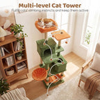 DORTALA Cat Tree for Indoor Cats, 66" Tall Cat Tower with 2 Condos, Sisal Scratching Posts, Plush Perch, Hammock, Dangling Balls, Multi-Level Pet Climbing Furniture Activity Center (Green+Orange)