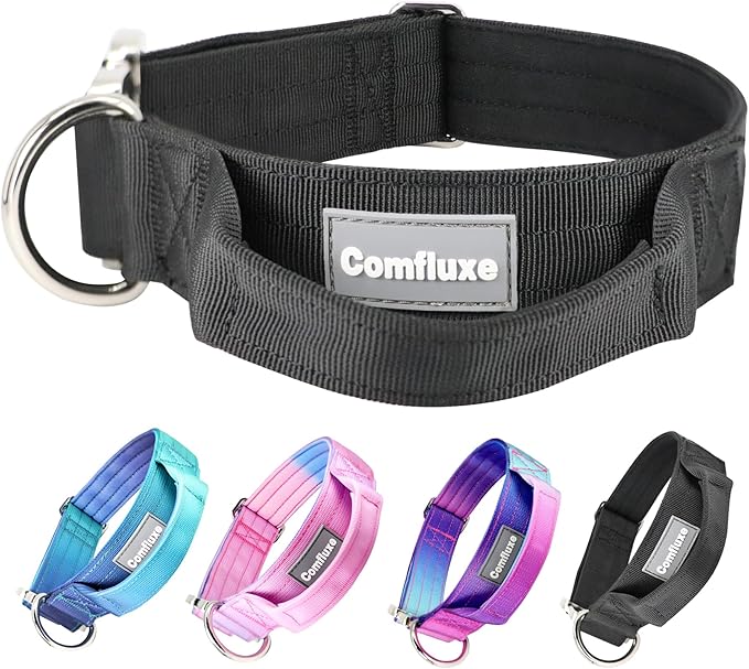 Tactical Dog Collar, 1.5" Wide Thick Heavy Duty Dog Collar with Handle, Soft Neoprene Padded Military-Grade Nylon Training Collar with Quick Release Metal Buckle for Large Dogs(Black, L,XL)