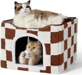 LE SURE Indoor Cat Beds Kitten House - Large Cat Cave for Pet Cube with Fluffy Ball Hanging, Foldable Small Animal Hideaway, 16.5x16.5x13 inches, Brown Checks