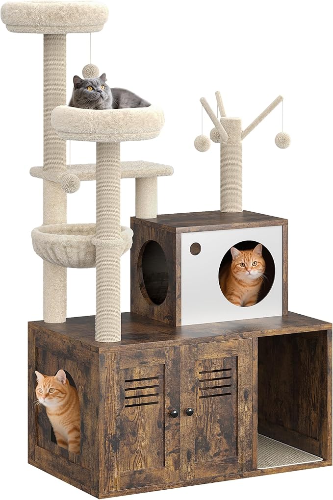 TrailBlaze Cat Tree with Litter Box Enclosure, Wooden Cat Condo with Platform, Hammock, Pompoms, Scratching Posts, All-in-One Cat Furniture for Indoor Kitten, 31.5" l x18.9 w x55.1 h(Brown)