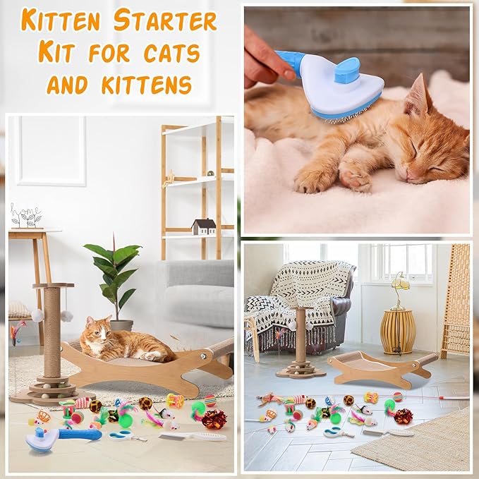 25 Pcs Kitten Starter Kit for Indoor Cats Include Cat Scratching Post, Sisal Scratcher Bed, Brushes, Nail Clipper, Balls for Indoor Kittens Supplies Accessories Welcome Gift