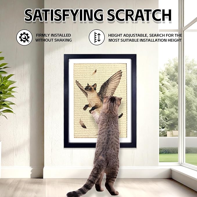 Wall Art Cat Scratcher Mat - Sisal Vertical Cat Scratch Pad with Photo Frame Design, No-Drill Wall-Mounted, 16"x12" Wall & Couch Cat Scratching Mat, 1 Extra Mat Included Free (Winged Cat)
