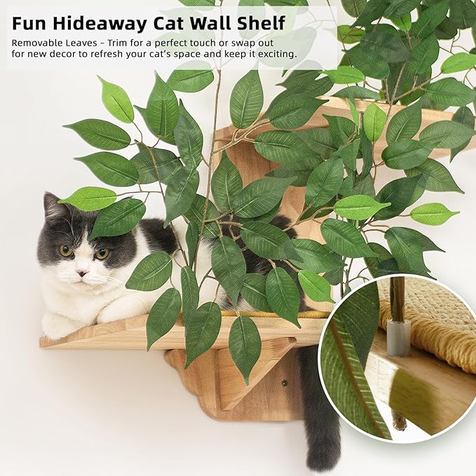 Meowoou Cat Wall Shelves with Leaves, 2 Platform Cat Wall Furniture, Cat Tree Shelves, Rubber Wood Wall Perch with Mat, Bridge for Climb, Nap, Play, Decor