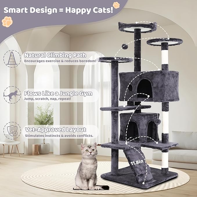54" Cat Tree for Indoor Cat, Multi-Level Pet House w/Cat Perch, Scratch Post, Plush Toy, Perfect Pet Gift, Light Gray