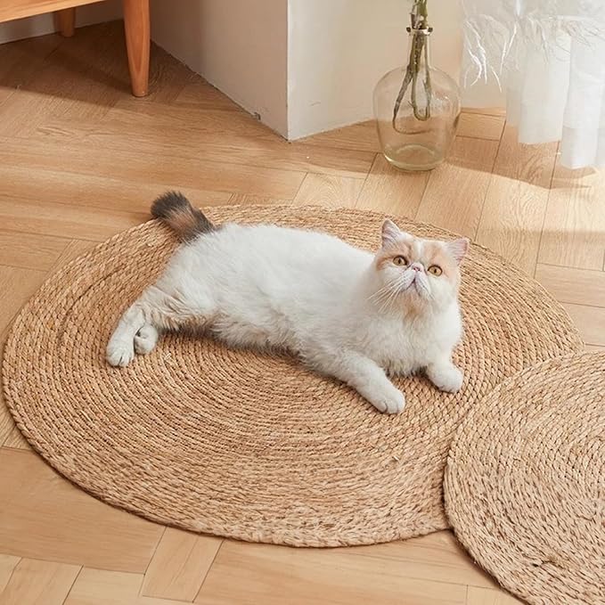 9.8In Cat Scratcher Pad - Hand-Woven Natural Cattail Mat, Spiral Texture Cat Scratching Pad for Kittens/Small Cats, Cat Scratch Furniture Protector