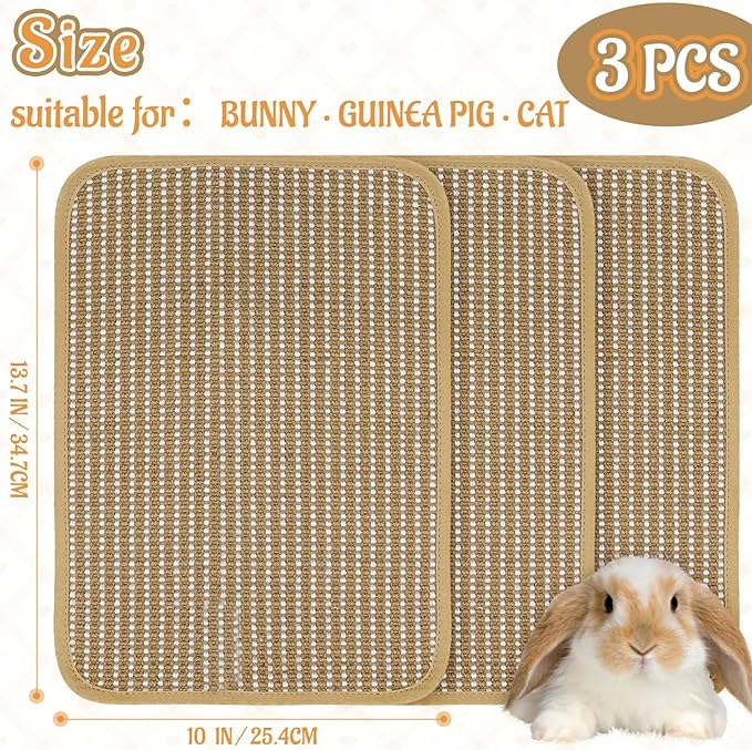 Rabbit Scratching Pad, Sisal Scratching Pad for Bunny, Guinea Pig, Cat. Resting Mats for Cages, Forage Grass Mat Indoor Essentials Accessories (3PCS)