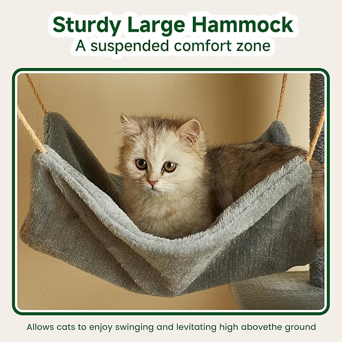Multi-Level Cat Tree Tower, 132cm Tall, Grey Plush with Condo, Hammock, Platforms, Sisal Posts, 55x38cm Base