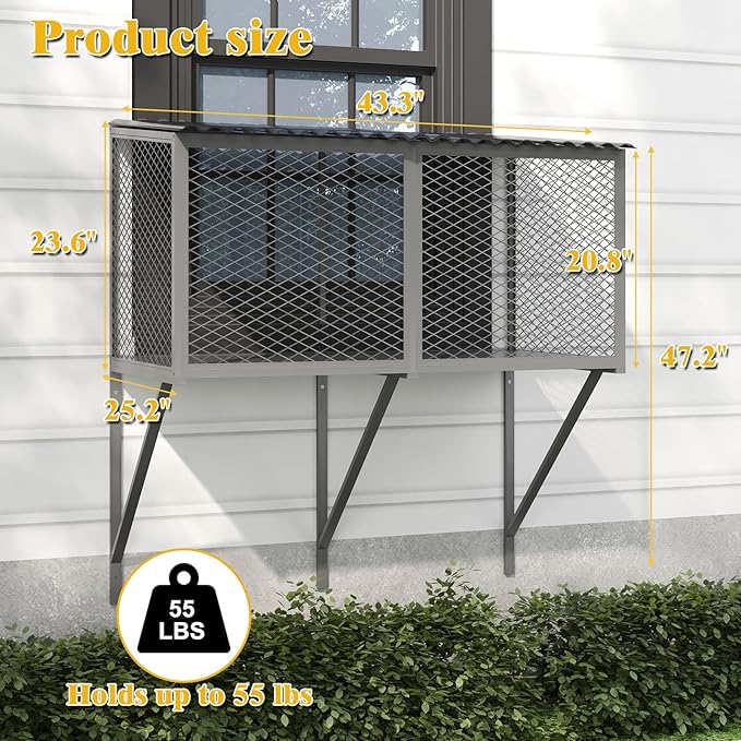 ROOMTEC Cat Catio, Metal Cat Window Box for Indoor Cats Cat Window Perch for Multi Cats All Weather Use Outdoor Haven Enclosure for Safely Enjoying the Outdoor Sights Scents and Napping,Grey