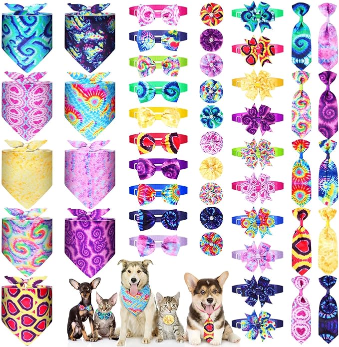 Hosuly 50 Pcs Tie Dye Style Dog Bandana Collar Set Include 10 Bow Tie 10 Necktie Collar 10 Pet Scarf 10 Bow Flowers 10 Hexagonal Bowtie Cat Dog Grooming Accessories for Festival Photography