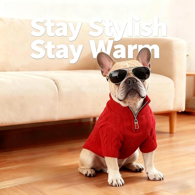 Small/Medium Dog Sweater, Warm Dog Winter Coat w/Sleeves, Comfortable High Neck Premium Dog Clothes for Bulldog-Best for Holidays, Daily Walks L Red