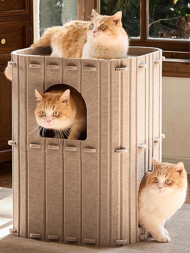 FUKUMARU Cat House for Indoor Cats, 23.62 Inch Large Cat Bed Cave Condo, 2-Storey Cozy Felt Covered Cats Tunnel Kitten Hideaway for Multicats, Scratch Resistant, Beige