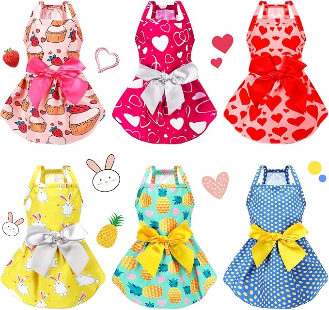 Frienda 6 Pieces Bowknot Princes Puppy Dog Dress Floral Vest Skirt Summer Pet Dress Dog Cute Rosette Sundress Apparel for Puppy Cat Pet(S)