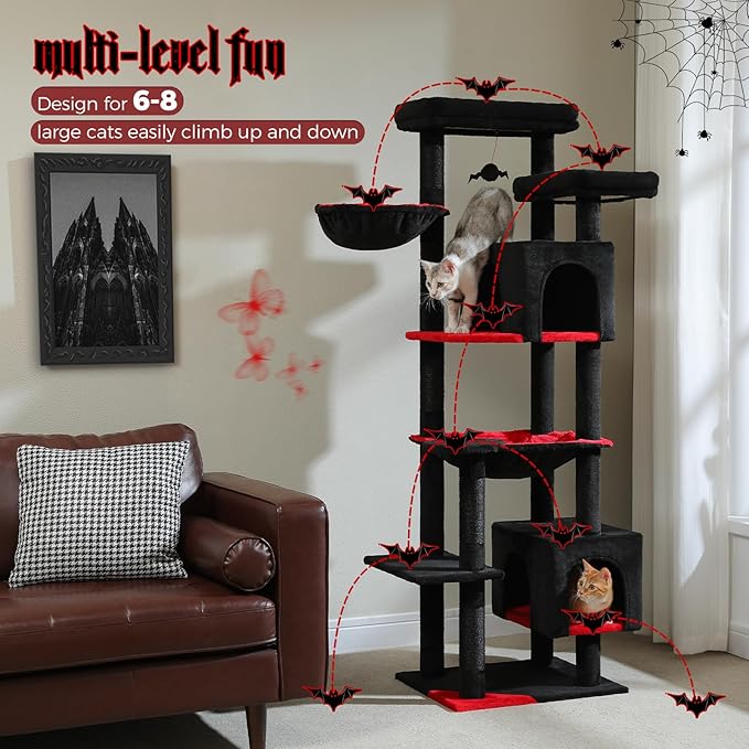 PETEPELA 69" Gothic Cat Tree for Indoor Large Cats, Cat Tower for Adult Cats with Big Hammock [18.5''X15.3''], Cat Climbing Tree Tower with Scratching Posts, Condo House and Large Top Perch, Black