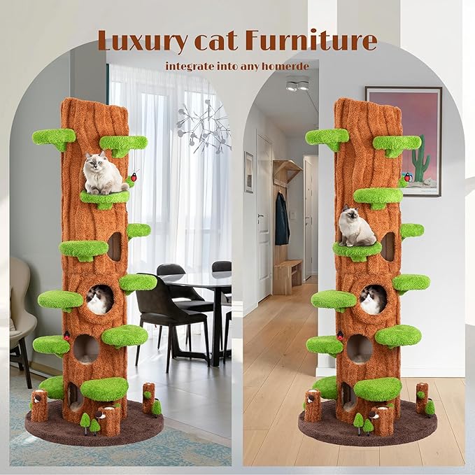 90.5 Inch Cat Tree for Indoor Cats, KAMABOKO Multi-Level Tall Cat Tower with Sisal-Covered Scratching Posts, Plush Perches, Hanging Toys & Spring Toys, Large Kitty Condo with Jumping Platforms