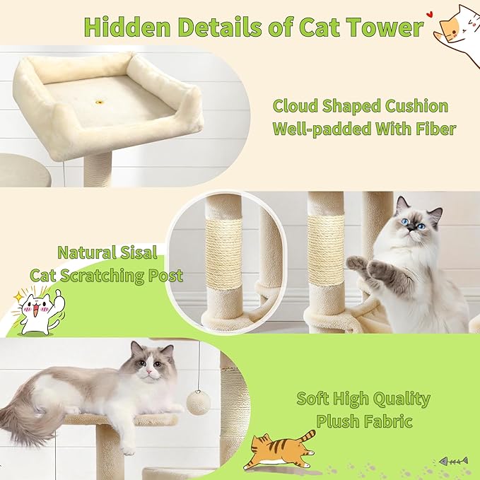 Pawly 46.5" Compact Space Saving Cat Tree for Small Apartment, Premium CARB P2-Compliant Particle Board, 350G Plush Sisal Cat Tower with Condo & Hammock for Indoor Kittens & 1-2 Cats, Beige