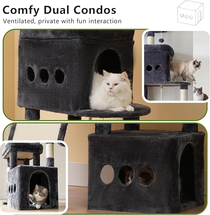 Heybly Cat Tree, 72.4-Inch Anti-Tip Cat Tower for Large Cats, All-in-One Cat Furniture with Spacious Perches, Multiple Interactive Areas, Extra-Large Sisal Scratching Board, Smoky Gray HCT060G