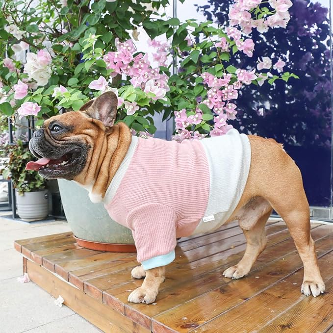 iChoue Pet Dog Crewneck Sweater Color Block Pullover Winter Warm Clothes for English Bulldog Boston Terrie - Pink and Grey/Large Plus