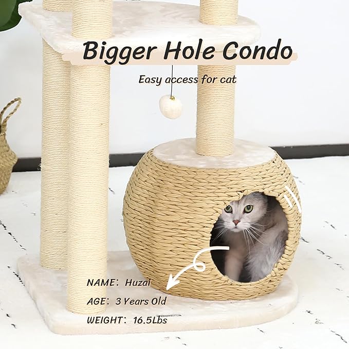 KAMABOKO Modern Cat Tree, 53" Tall Cat Trees for Indoor Cats w/Natural Sisal Scratching Posts, Hand-Woven Condo & Top Perch, Cat Tree for Kittens Climb Play & Rest