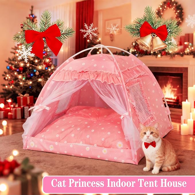 Cat Princess Indoor Tent House - Dog House Indoor/Outdoor Lace Mesh Breathable Windows Door Curtains Removable Portable Cave Nest Bed Bunny and Puppy (Pink, m)