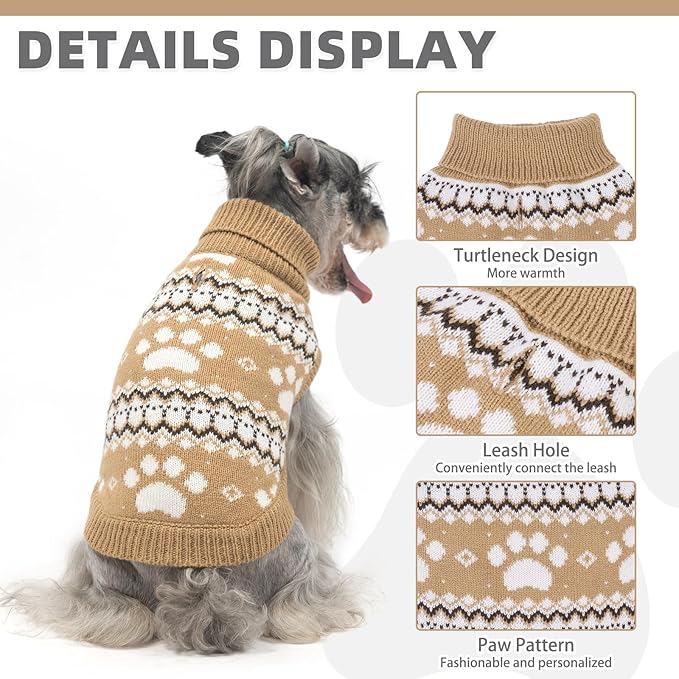 KOOLTAIL Cable Knit Dog Sweater Turtleneck, Cold Weather Pullover Classic Knitwear, Cute Paws Pattern Thick Warm Winter Pet Clothes, Dog Christmas Sweater for Small Medium Large Dogs Cats, Khaki M
