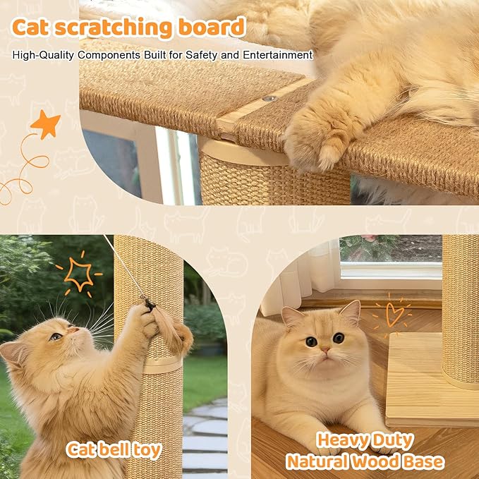 54.3" Cat Window Perch with 3 Adjustable Roman Column Sisal Posts, White Fluffy Cusion, Drill-Free Suction Cups, Multi-Level Climbing Perch, 60 lbs Capacity