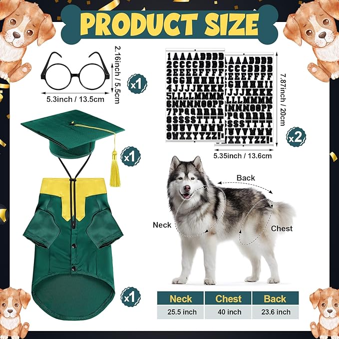 5 Pcs Dog Graduation Costume Set Include 2026 Pet Graduation Gown with Stole Puppy Grad Cap Lensless Glasses DIY Letter Stickers for Dogs Cats Holiday Costume Accessory(Green Yellow,XXL)