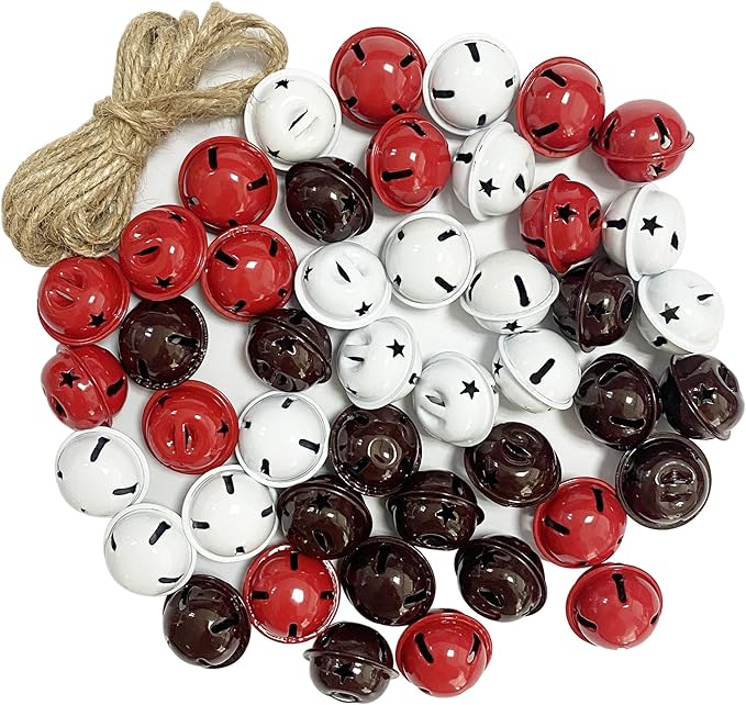 Pack of 51 Small Bells for Crafts, 1 Inch Jingle Bells Little Bells for Crafting Dog Training Doorbell Cat Collar Christmas Tree Wedding Decorations (Red White Brown)