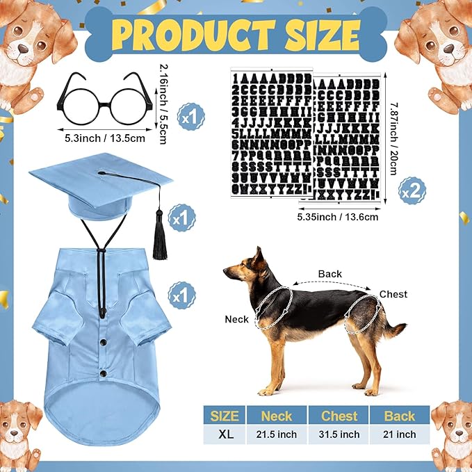 5 Pcs Dog Graduation Costume Set Include 2026 Pet Graduation Gown with Stole Puppy Grad Cap Lensless Glasses DIY Letter Stickers for Dogs Cats Holiday Costume Accessory(Light Blue,XL)