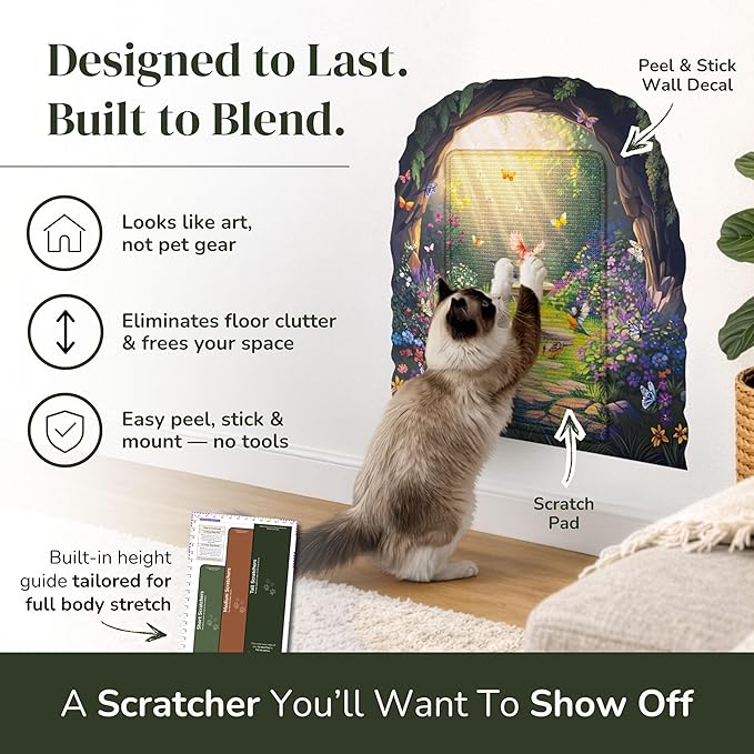 Vertical Cat Scratcher - Removable Wall Mounted Cat Scratcher and Art Decal – Wall Scratch Pad for Cats with Sisal Cat Scratcher – Large Protective Wall Scratchers for Indoor Cats