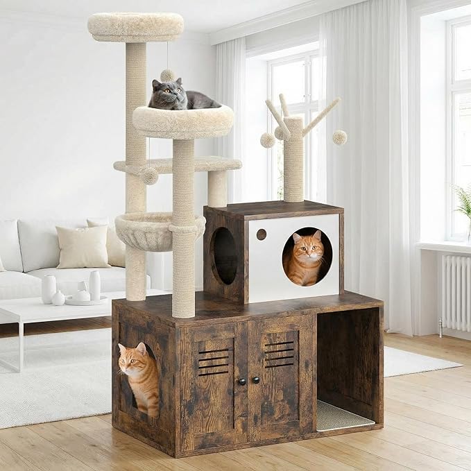 Multi-Level Cat Tree for Indoor Cats, Cat Tower with Hidden Litter Box Cabinet, Condo with Sisal Scratching Posts, Plush Perches, Hammock, and Hanging Toys, Brown