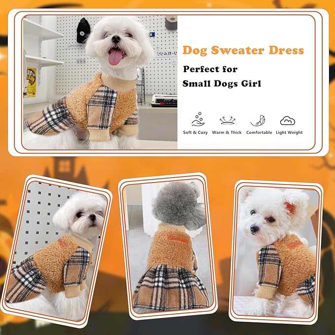 Dog Sweater Dog Winter Clothes for Small Dogs Boy Girl Fall Puppy Dress Warm Fleece Chihuahua Yorkie Teacup Doggy Sweaters Dresses for Small Dogs Girl Cat Outfits, Brown Plaid, M