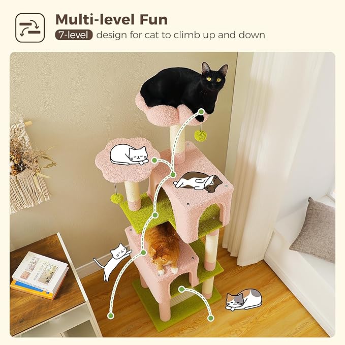 Flower Cat Tree, 62-Inch Tall Multi-Level Cat Tower with Scratching Posts, Cat Condos for Large Indoor Cats, Plush Cat Bed w/Padded Perches, Scratching Pad & 2 Green Pompoms, Pink