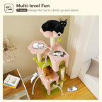 Flower Cat Tree, 62-Inch Tall Multi-Level Cat Tower with Scratching Posts, Cat Condos for Large Indoor Cats, Plush Cat Bed w/Padded Perches, Scratching Pad & 2 Green Pompoms, Pink