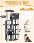 Cat Tree, 200cm XXL Cat Tree with 10 Scratching Posts, 2 Caves, 2 Hammocks, Large Platform, Cat Brushes, Basket, Heavy Duty Cat Tree for Maine Coons, Large Cats, Dark Grey MS20018SG