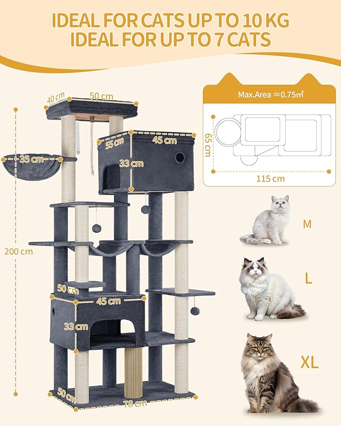 Cat Tree, 200cm XXL Cat Tree with 10 Scratching Posts, 2 Caves, 2 Hammocks, Large Platform, Cat Brushes, Basket, Heavy Duty Cat Tree for Maine Coons, Large Cats, Dark Grey MS20018SG