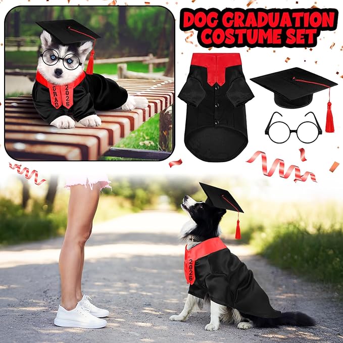 5 Pcs Dog Graduation Costume Set Include 2026 Pet Graduation Gown with Stole Puppy Grad Cap Lensless Glasses DIY Letter Stickers for Dogs Cats Holiday Costume Accessory(Black Red,L)