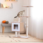 PawHut Wooden Cat Tree 71.5 x 49.5 x 120 cm Cat Tower with Cave Platforms Sisal Scratching Posts Soft Plush Cushions and Natural Hanging Balls