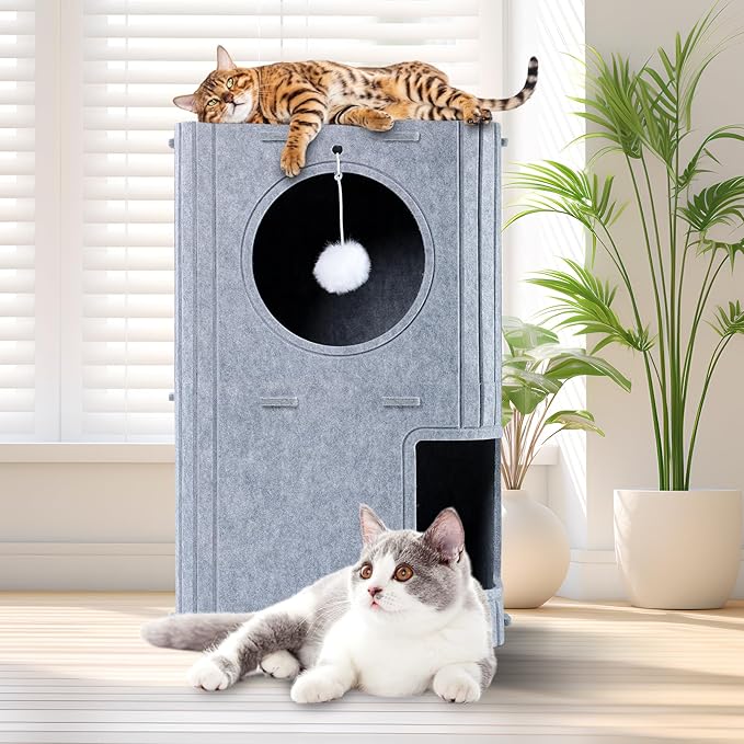 Cat House for Indoor Cats, 2-Storey Cozy Felt Cats Hideaway for Multiple Cats, 23.6x15x11 inches, Gray