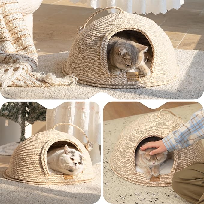 CHEERPALS Cat Cave Bed for Indoor Cats, 3 in 1 Cat House with Washable Cushion and Ball, Scratcher Bed, Cute Rope Bed for Kittens and Large Cat(White)