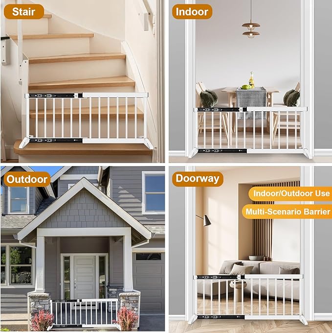 White Metal Dog Gate for Small Dogs - 13.3" Short Freestanding Puppy Gate with Retractable Sliding Rail, No Installation, Indoor/Outdoor Use, Foldable & Portable Pet Barrier