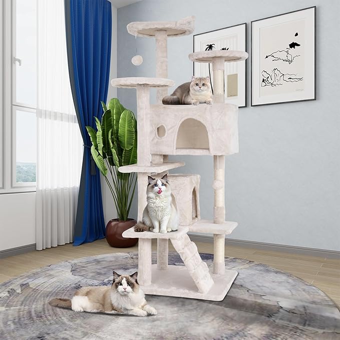 54" Multi-Level Cat Tree Tower with Scratching Posts, Toys & Condo - Space-Saving Design for Indoor Kittens, Compact Floor Footprint & Vertical Space for Multi-Cat Homes-Beige