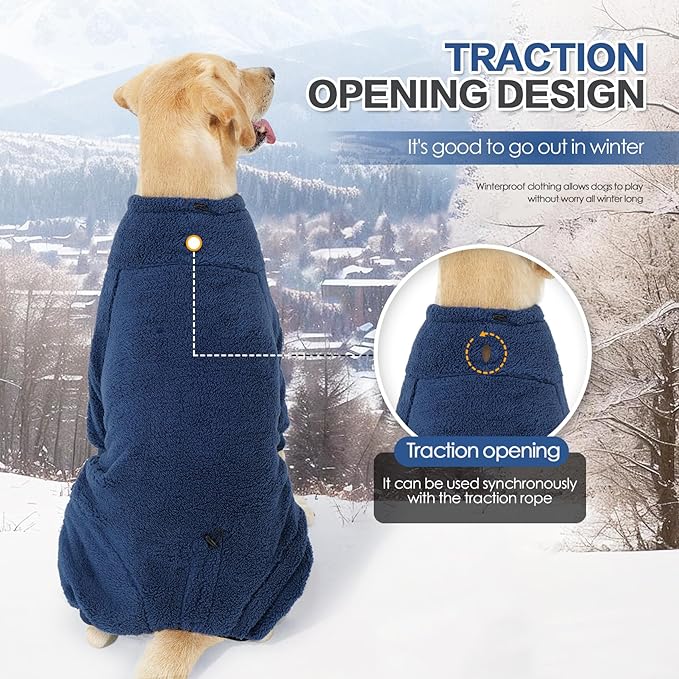 Dog Winter Coat, Warm Fleece Jacket, Windproof Pullover Jumpsuit, Full Body Dog Pajamas Onesie, Cold Weather Clothes for Medium Large Dog(3Xlarge,NavyBlue)