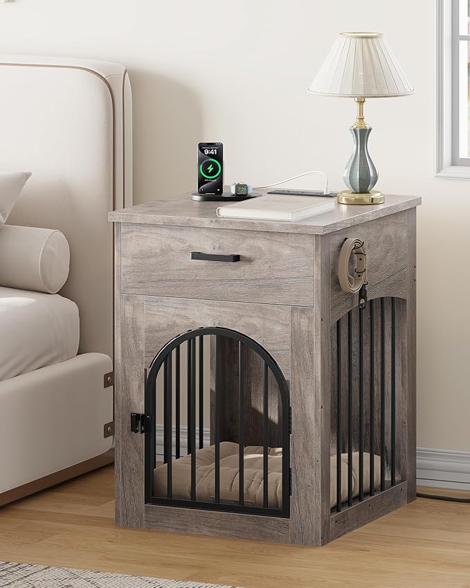 Dog Crate Furniture, Wooden Dog House with Charging Station and Storage Drawer, Indoor Pet Crate End Table for Small Breeds, for Living Room, Bedroom, Greige MGW01UFH