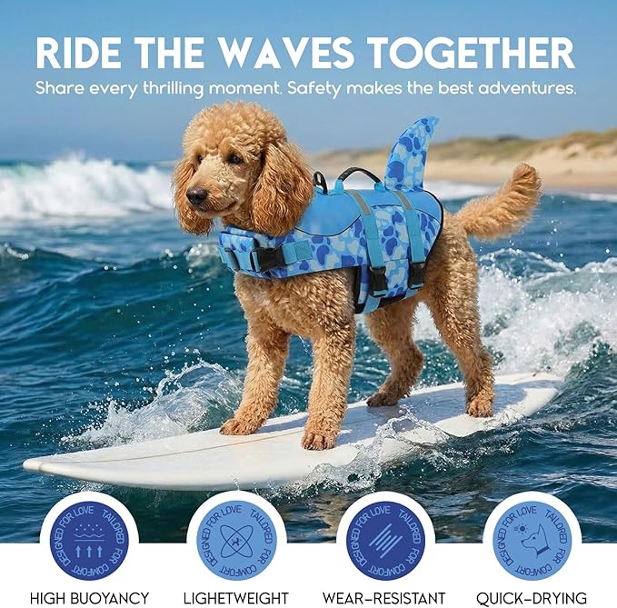 ASENKU Dog Life Jacket - Pet Safety Vest for Swimming & Boating, Shark Life Jacket with Floatation, Dog Lifesavers Swimsuits for Small Medium Large Dogs (Blue Cow Print, 2XL)