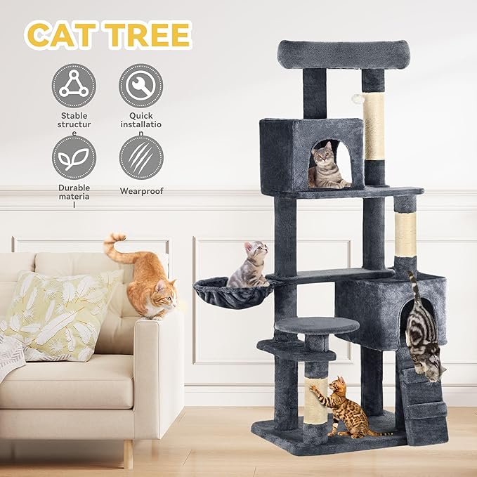 DWVO Cat Tower 70.8in for Indoor Cats: Multi-Tiered Feline Furnishing with Snug Cat Bed, Scratch Poles, Feline Window Cushioned Plush Roost for Young Cats Animal Activity Center Dark Gray