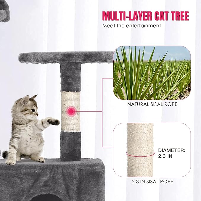 24/7 Shop at Home Court 70 inch Multi-Level Cute Cat Tree Tower with Dangling Ball and Scratching Posts for Indoor Cats Adults, Kitten Supplies, Pet House, Light Gray
