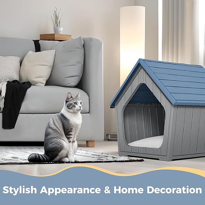Dog House Outdoor for Puppy, Durable Small Dog House Indoor, Waterproof and Scratch Resistant Animal Shelter with Air Vents and Elevated Floor, Easy Assembly (Deep Blue)