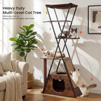 71" Modern Wood Cat Tree for Large Cats - Heavy Duty Tall Cat Tower for Indoor Cats, Multi-Level Cat Furniture with Spacious Condo, Large Perch, Scratching Posts & Hammock (Burnt Wood)